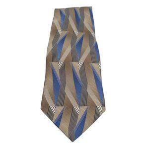 Essante Men's Geometric Brown & Blue Wide Silk Tie With Bold Stripes